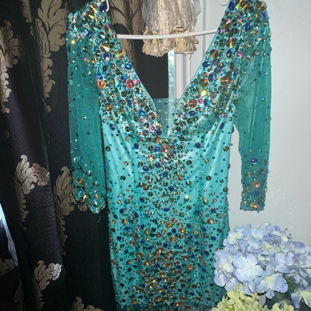2 Jovani Turquoise Blue Heavy Embellished Cocktail Dress - Size 4